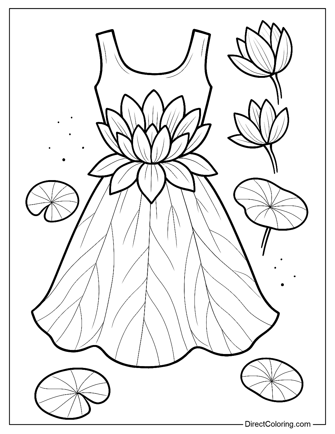 Coloring page for a skirt inspired by lotus leaves and water lilies, with a blooming lotus flower on the bodice
